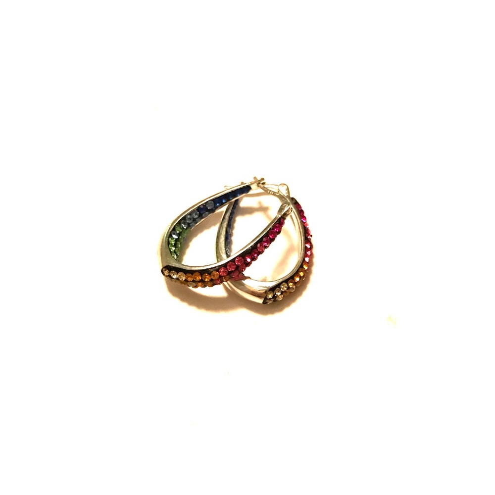 Rainbow crystal elongated hoop earrings